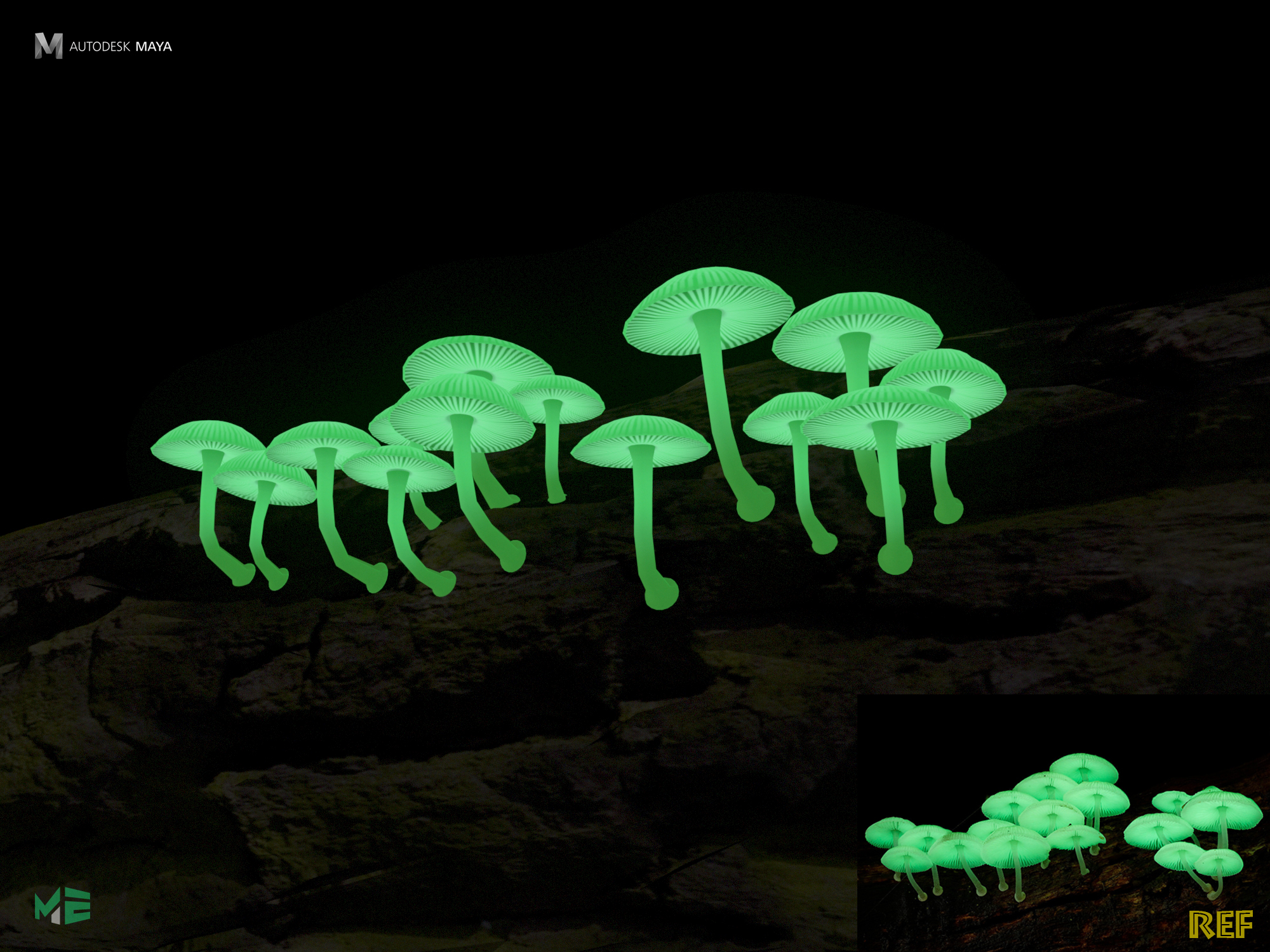 Glowing Mushrooms - Autodesk Maya | Building a scene with bioluminescent plants.