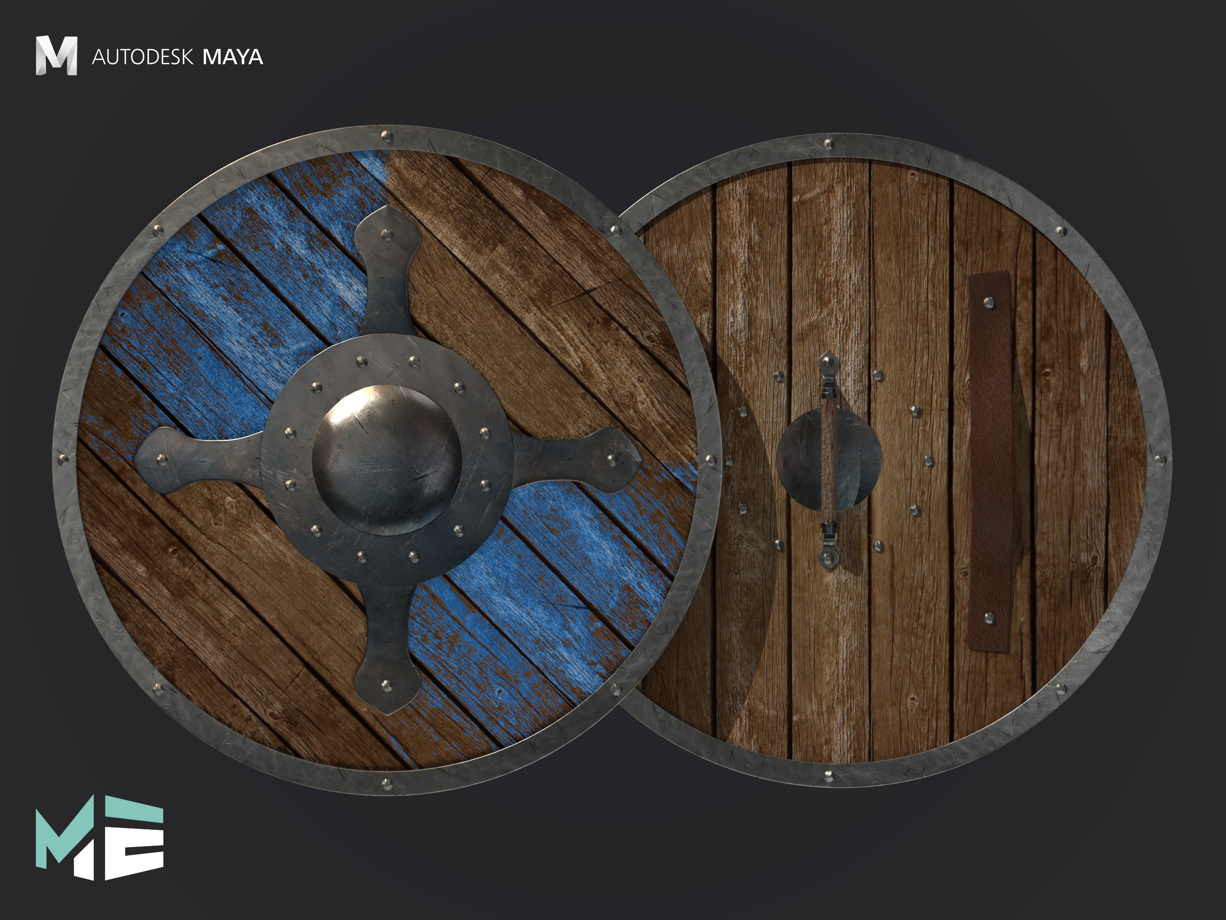 Wooden roundshield - Autodesk Maya | Building a medieval roundshield, bump and normal map applied for details.